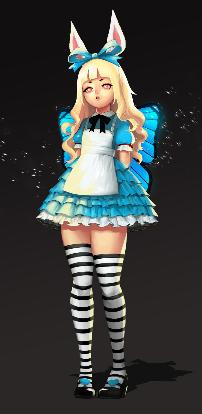 1girl absurdres alice_(wonderland)_(cosplay) alice_in_wonderland animal_ears apron arms_behind_back artist_request bangs blonde_hair blue_dress blunt_bangs bow butterfly_wings cosplay dress elin_(tera) highres long_hair mary_janes petticoat rabbit_ears red_eyes ribbon shoes short_dress solo striped striped_legwear tera_online thigh-highs wings zettai_ryouiki