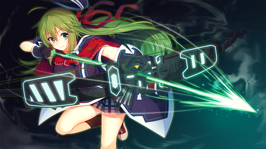 1girl aristear_remain astronauts astronauts_comet bow_(weapon) breasts cape eyebrows eyebrows_visible_through_hair fighting_stance floating_hair game_cg gloves green_eyes green_hair hat highres ichinose_anzu kokusan_moyashi large_breasts legs long_hair looking_at_viewer magic matching_hair/eyes rozea serious shoes simple_background skirt sneakers socks solo thighs weapon