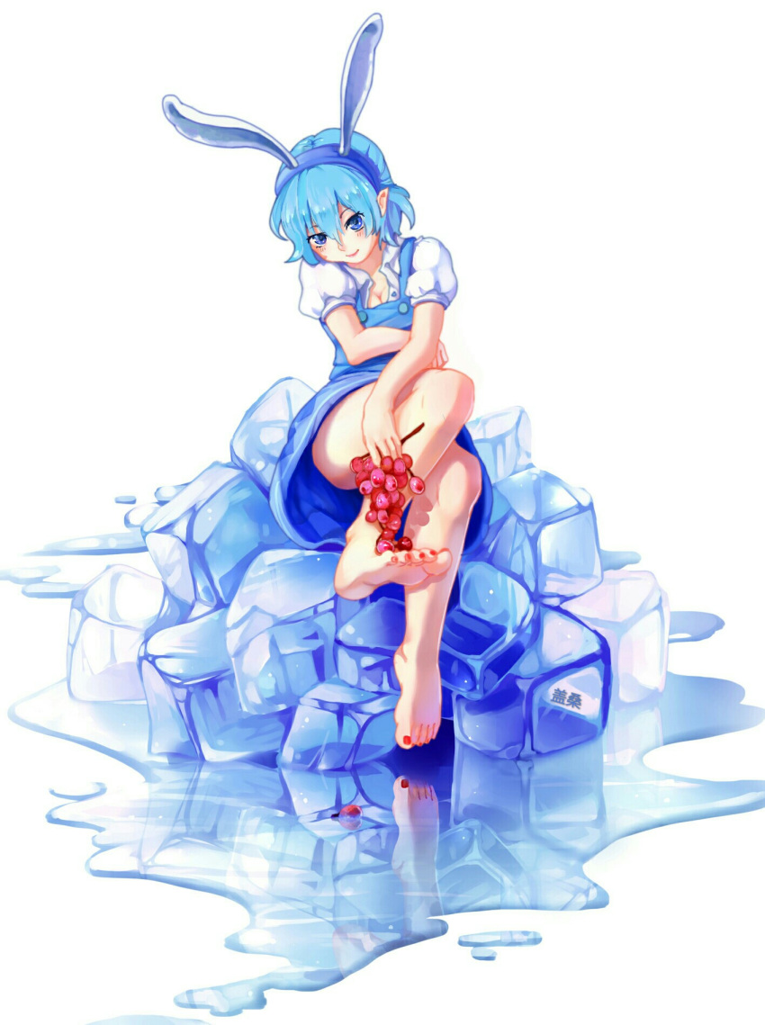 1girl animal_ears barefoot blue_dress blue_eyes blue_hair blush breasts cirno cleavage dress fake_animal_ears feet food fruit full_body gai_sang grapes highres ice looking_at_viewer nail_polish no_wings pointy_ears puffy_sleeves rabbit_ears reflection short_hair short_sleeves simple_background sitting smile solo toenail_polish touhou water white_background