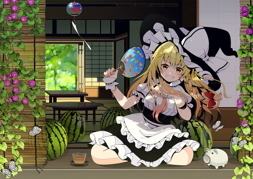 1girl apron blonde_hair bow braid butterfly chin_rest clenched_teeth dappled_sunlight fan flower food frilled_apron frills fruit glass grin hair_bow hat hat_bow holding holding_fan indian_style kirisame_marisa long_hair looking_at_viewer morning_glory paper_fan plant puffy_short_sleeves puffy_sleeves short_sleeves shouji side_braid sitting sliding_doors smile solo summer sunlight table tatami teeth touhou uchiwa underbust veranda vines waist_apron watermelon wind_chime witch_hat wrist_cuffs yellow_eyes yuuka_nonoko