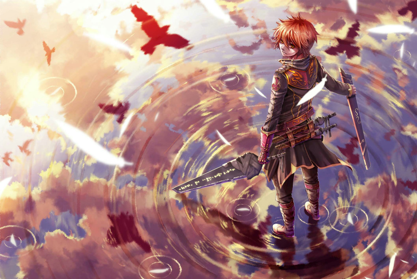 1boy anime_coloring bird boots brown_hair clouds fantasy feathers highres jacket original pigsomedom reflection ripples scabbard sheath sky solo standing standing_on_liquid sword water weapon
