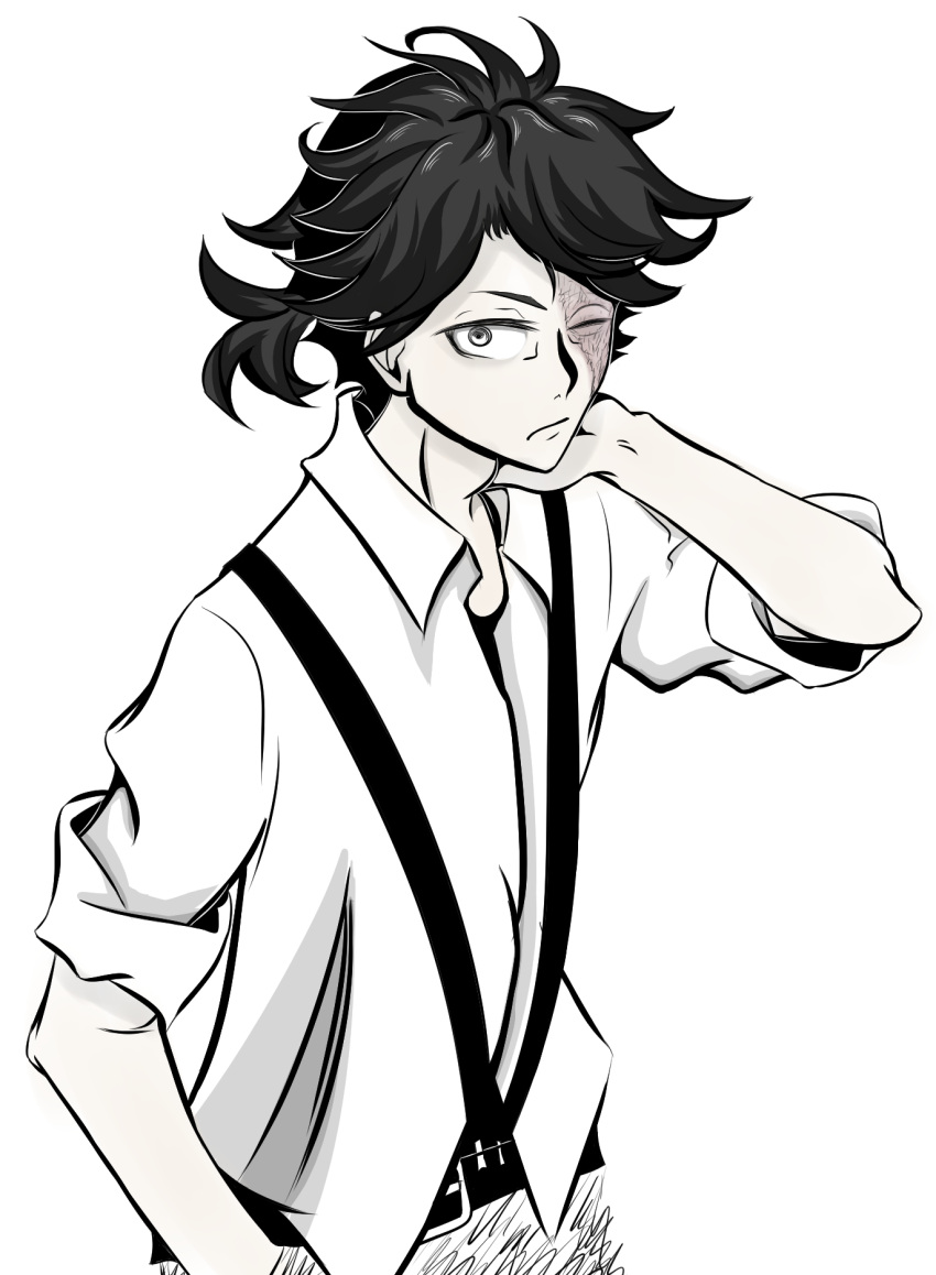 1boy black_eyes black_hair male_focus original partially_colored skirt solo white_background