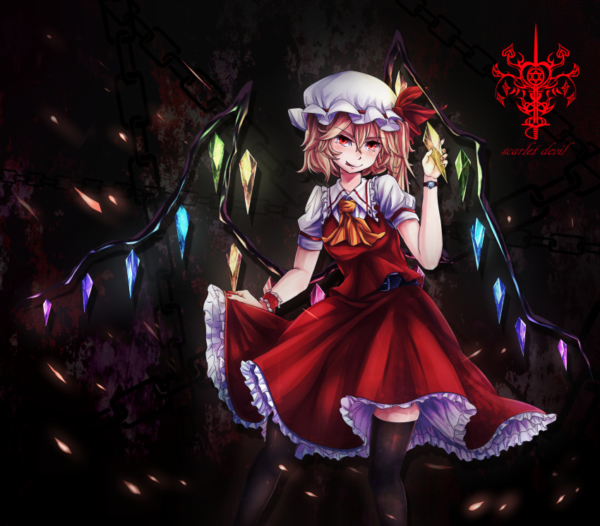 1girl belt black_legwear blonde_hair blood blood_splatter chains collar dai_(yamii) dark english flandre_scarlet frilled_collar frilled_skirt frills hat hat_ribbon highres insignia looking_at_viewer mob_cap nail_polish petals red_eyes red_nails red_skirt red_vest ribbon shadow shirt short_hair short_sleeves side_ponytail skirt skirt_grab skirt_set smile solo thigh-highs tongue tongue_out touhou white_shirt wing_grab wings