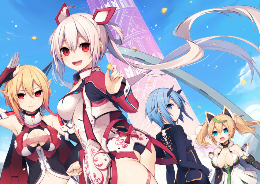 4girls blonde_hair blue_eyes blue_hair breasts cleavage dark_falz_apprentice euclita_(pso2) gene_(pso2) gradient_hair green_hair heterochromia horns innocent_cluster io_(pso2) large_breasts long_hair looking_at_viewer matoi_(pso2) multicolored_hair multiple_girls muryou open_mouth petals phantasy_star phantasy_star_online_2 pink_hair pointy_ears red_eyes short_hair smile twintails two-tone_hair white_hair yellow_eyes