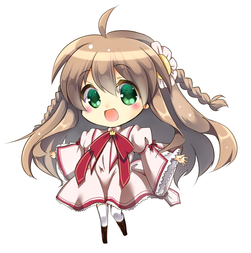1girl boots braid brown_hair chibi flower green_eyes hair_flower hair_ornament highres kanbe_kotori long_hair momijiko open_mouth outstretched_arms rewrite ribbon school_uniform spread_arms thigh-highs twin_braids