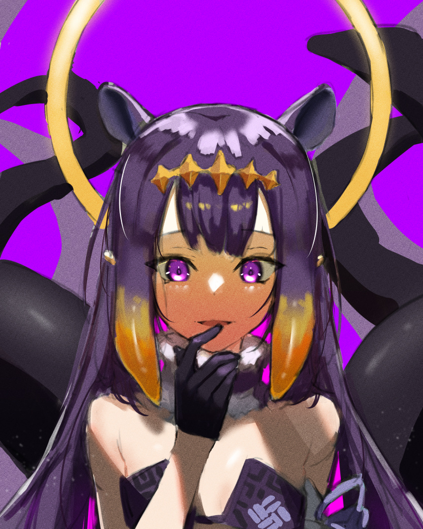 1girl absurdres bare_shoulders black_gloves blush eyebrows_behind_hair finger_to_mouth fuchi_(fuchi_1106) fur_choker gloves halo highres hololive hololive_english huge_filesize long_hair looking_at_viewer ninomae_ina'nis open_mouth pointy_ears purple_background purple_hair solo tentacle_hair tentacles upper_body virtual_youtuber