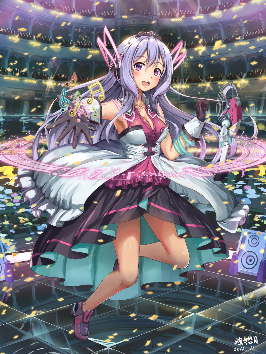 1girl alternate_costume bare_legs bare_shoulders blush breasts cleavage confetti crowd dress gakusen_toshi_asterisk gloves glowstick headphones highres huanghyy idol lavender_hair long_hair looking_at_viewer musical_note open_mouth outstretched_arm solo_focus speaker stage sylvia_lyyneheym very_long_hair violet_eyes