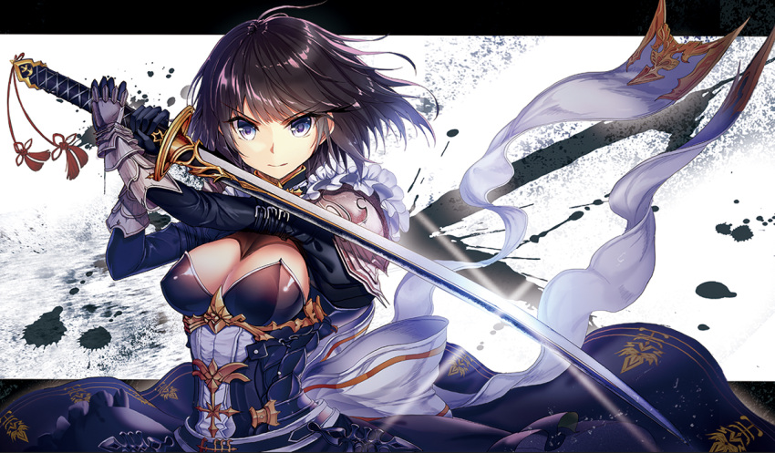 1girl akabane_(zebrasmise) armor black_eyes black_hair bow breasts erika_(shadowverse) gauntlets shadowverse short_hair smile solo sword tassel weapon