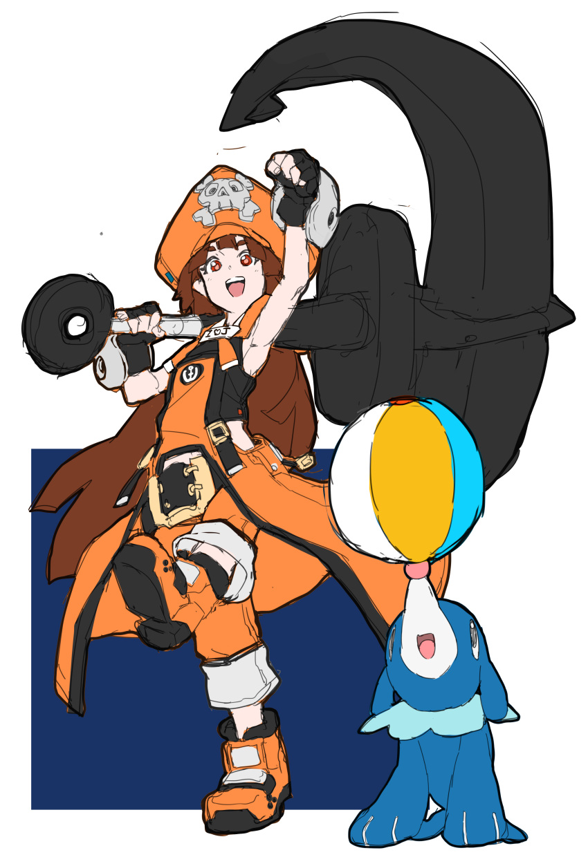 10s 1girl absurdres anchor ankle_boots balancing_ball boots brown_hair coattails crossover fingerless_gloves fist_pump flat_chest gloves guilty_gear hat highres huge_weapon long_hair makai may_(guilty_gear) open_mouth orange_hat orange_shirt over_shoulder pants pants_rolled_up pirate_hat pokemon pokemon_(creature) pokemon_(game) pokemon_sm popplio red_eyes shirt skull_and_crossbones smile weapon weapon_over_shoulder