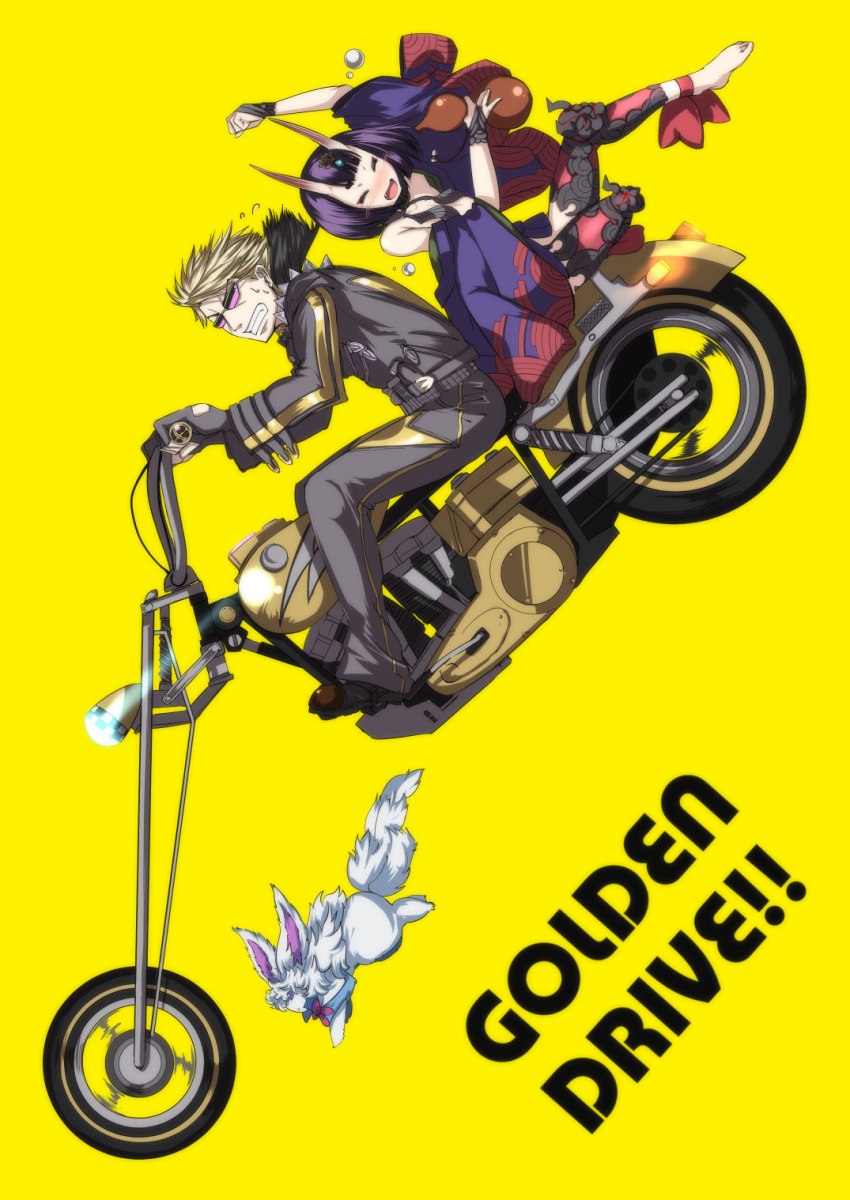 biker_clothes black_hair blonde_hair fate/grand_order fate_(series) fingerless_gloves fou_(fate/grand_order) four_(fate/grand_order) fur_collar glasses gloves grimjin ground_vehicle highres japanese_clothes kimono motor_vehicle motorcycle oni_horns sakata_kintoki_(fate/grand_order) sakata_kintoki_rider_(fate/grand_order) shuten_douji_(fate/grand_order) sunglasses