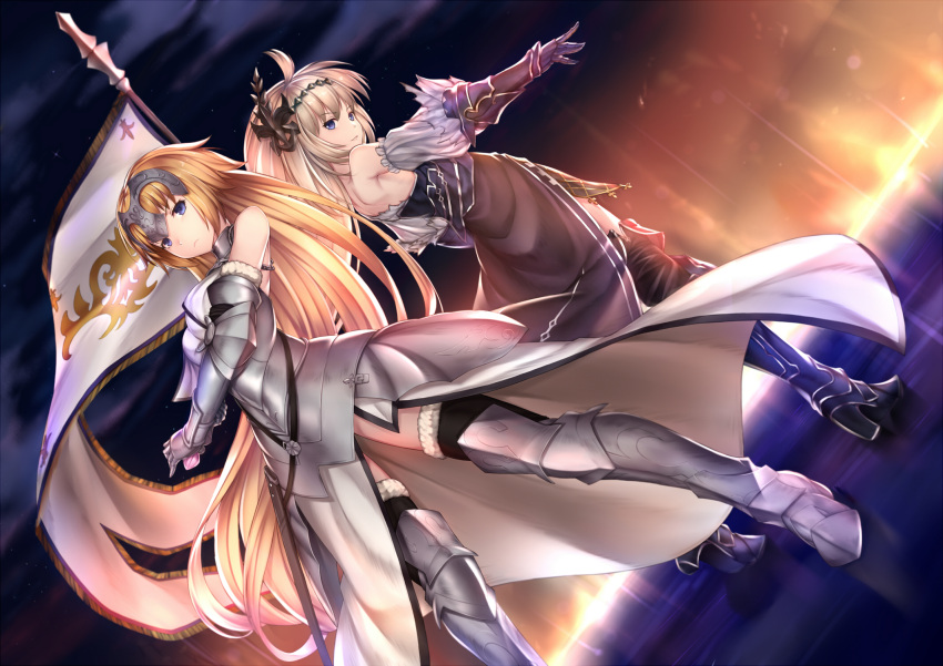 2girls armor armored_dress bare_shoulders blonde_hair blue_eyes breasts fate/apocrypha fate/grand_order fate_(series) gauntlets granblue_fantasy headpiece highres jeanne_d'arc_(granblue_fantasy) long_hair looking_at_viewer multiple_girls pak_ce ruler_(fate/apocrypha) thigh-highs very_long_hair