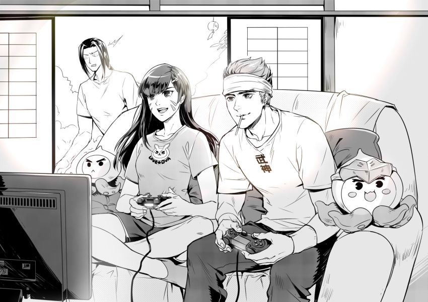 /\/\/\ 1girl 2boys alternate_hairstyle armband bangs blush blush_stickers bunny_hair_ornament bunny_print cable casual character_name clothes_writing collarbone controller couch d.va_(overwatch) dualshock ear_piercing earrings facial_mark forehead_protector furrowed_eyebrows game_console game_controller gamepad genji_(overwatch) greyscale hair_ornament hairband hairclip hanzo_(overwatch) highres indian_style indoors jewelry long_hair low-tied_long_hair monochrome mouth_hold multiple_boys no_eyes open_mouth overwatch pachimari pants piercing pillow plant playing_games playstation_4 pocky shirt short_hair short_sleeves shorts sitting sliding_doors smile socks stud_earrings stuffed_animal stuffed_octopus stuffed_toy teeth television tied_hair whisker_markings wind_chime younger