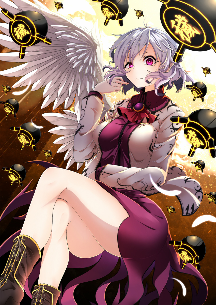 1girl angel_wings ass breasts feathered_wings feathers highres jacket kishin_sagume legacy_of_lunatic_kingdom long_sleeves open_clothes open_jacket purple_skirt red_eyes rihito_(usazukin) short_hair silver_hair single_wing skirt solo touhou white_wings wings