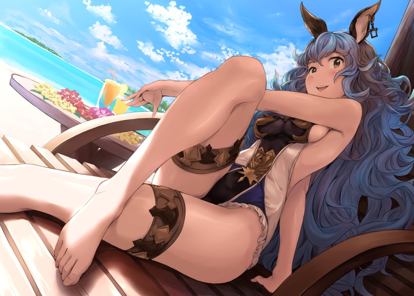 1girl animal_ears aqua_hair barefoot beach breasts brown_eyes casual_one-piece_swimsuit clouds erun_(granblue_fantasy) ferry_(granblue_fantasy) frilled_swimsuit frills granblue_fantasy hika_(hikara) island looking_at_viewer one-piece_swimsuit sideboob sky solo swimsuit thigh_strap water