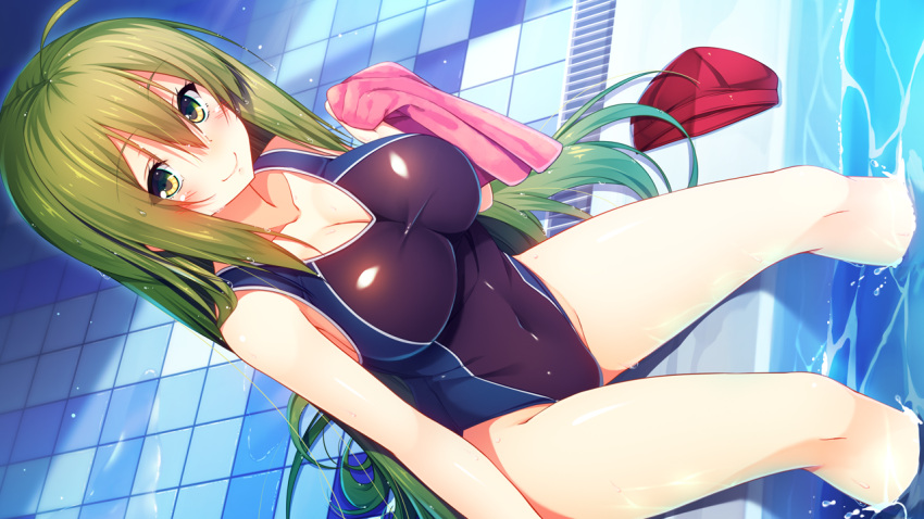 1girl aristear_remain astronauts astronauts_comet bare_arms bare_legs bare_shoulders blush breasts cleavage covered_navel dutch_angle eyebrows eyebrows_visible_through_hair game_cg green_eyes green_hair highres holding ichinose_anzu kokusan_moyashi large_breasts legs long_hair looking_at_viewer matching_hair/eyes mound_of_venus pool rozea sitting smile solo swimsuit thighs towel water wet