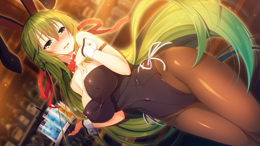 1girl aristear_remain astronauts astronauts_comet bare_shoulders blush bottle bowtie breasts bunny_girl bunnysuit cleavage covered_navel cup drink dutch_angle embarrassed eyebrows eyebrows_visible_through_hair fake_animal_ears floating_hair game_cg green_eyes green_hair highres ichinose_anzu indoors kokusan_moyashi large_breasts legs long_hair looking_at_viewer matching_hair/eyes mound_of_venus pantyhose parted_lips rabbit_ears raised_eyebrows rozea solo standing thighs tray wrist_cuffs