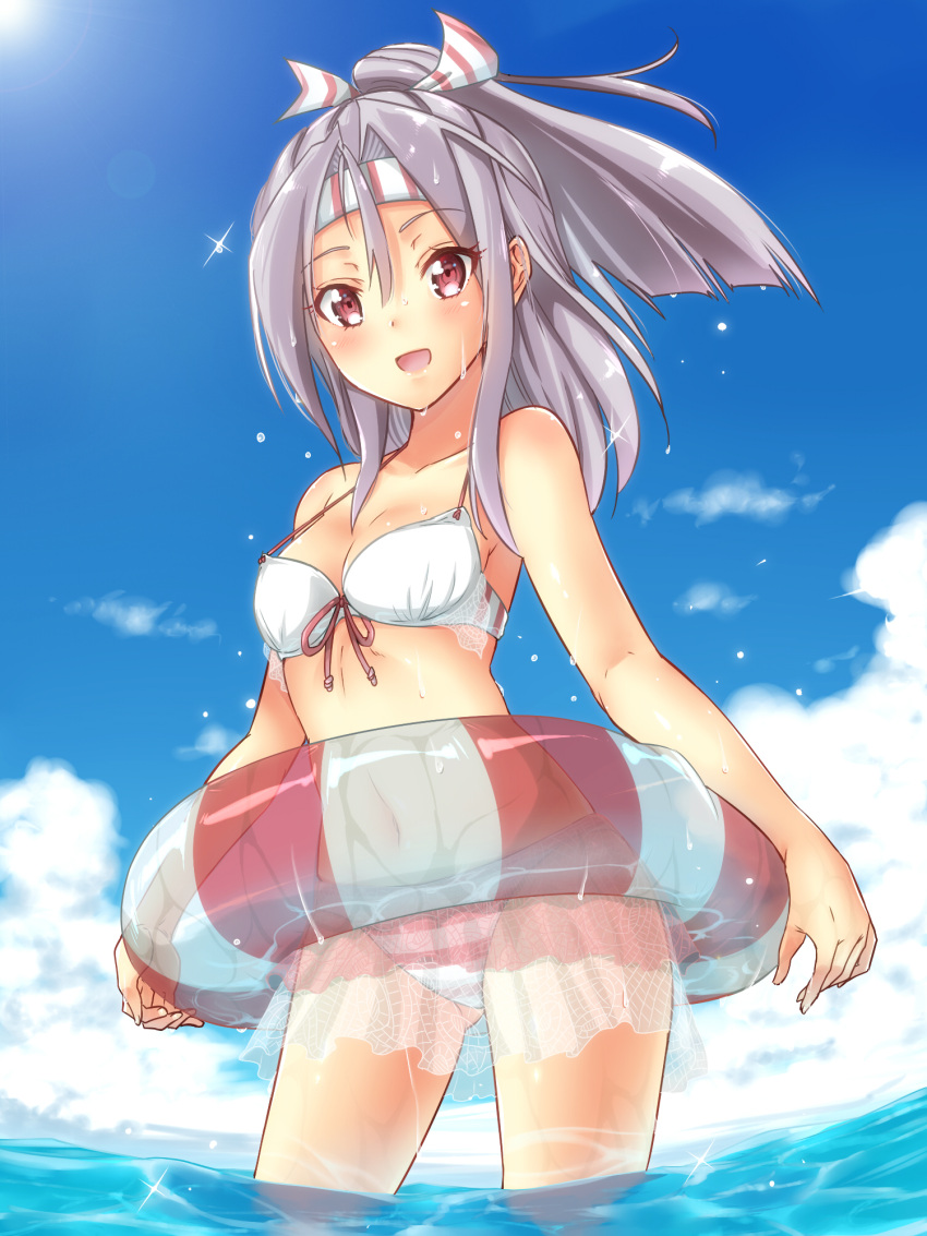 1girl bikini bikini_skirt grey_hair headband highres innertube kantai_collection long_hair ponytail red_eyes sarfata soaking_feet solo standing swimsuit wading wet zuihou_(kantai_collection)