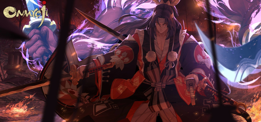 1boy aura bandage brown_hair character_request closed_mouth commentary dishwasher1910 dual_wielding english_commentary fire headband highres holding holding_sword holding_weapon japanese_clothes kimono long_hair multiple_swords obi onmyoji outdoors samurai sash scar scar_across_eye sheath sheathed spirit sword weapon youkai