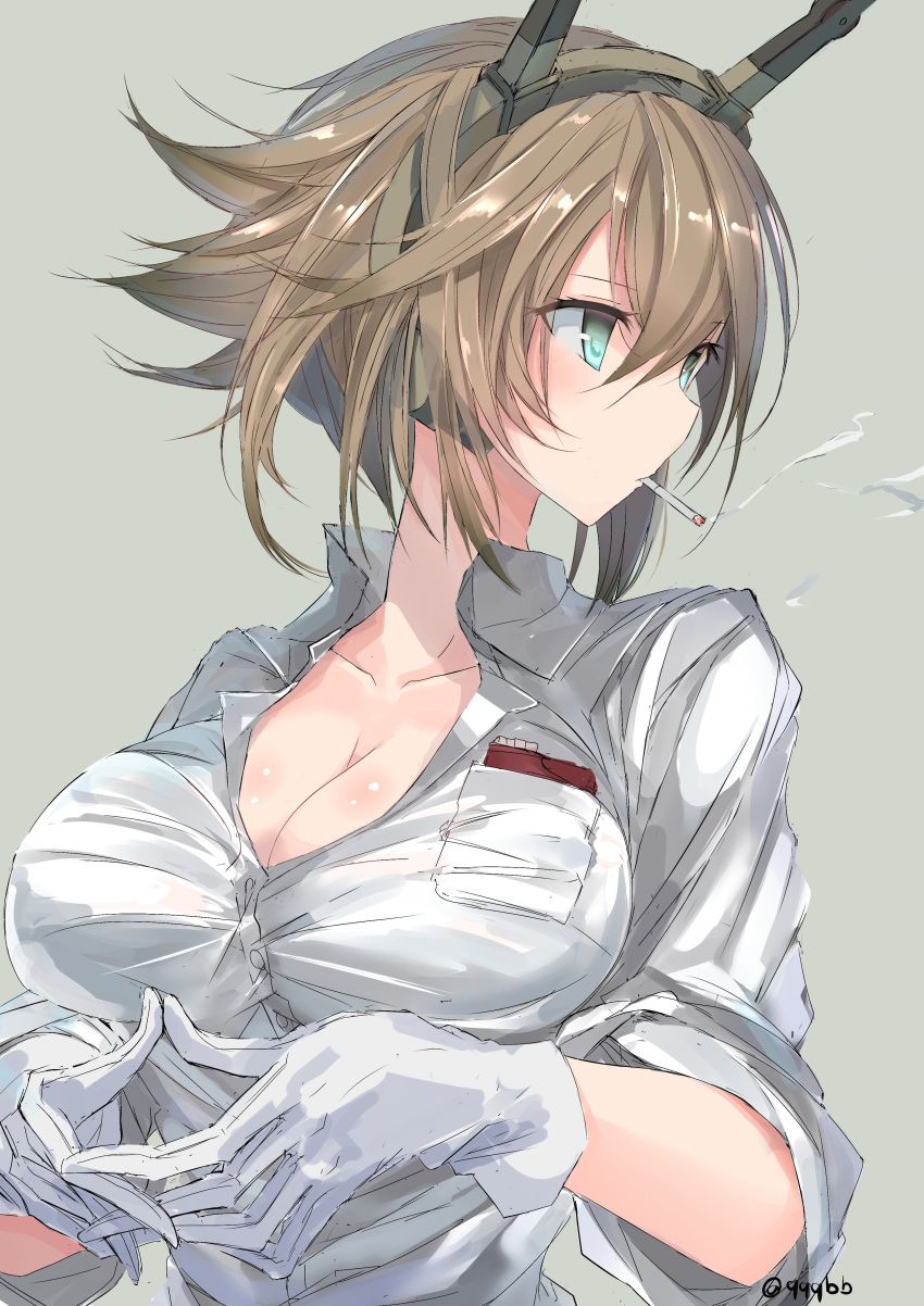 1girl absurdres alternate_costume breasts brown_hair cigarette cleavage commentary_request gloves green_eyes hair_between_eyes headgear highres kantai_collection large_breasts looking_to_the_side mutsu_(kantai_collection) nao_(qqqbb) short_hair simple_background smoke smoking solo twitter_username white_gloves