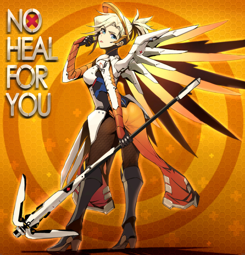 1girl :p akanbe ass blue_eyes bodysuit breasts english from_behind full_body gloves high_ponytail highres holding_staff honeycomb_background long_hair looking_at_viewer looking_back mechanical_halo mechanical_wings medium_breasts mercy_(overwatch) orange_background overwatch pantyhose ponytail solo staff thighs tonee tongue tongue_out wings