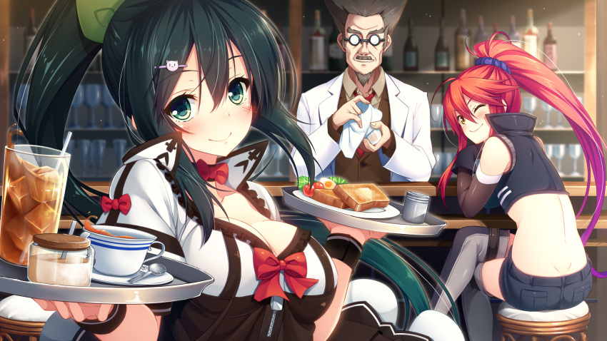 1boy 2girls aristear_remain ass astronauts astronauts_comet blush bread breasts cleavage dimples_of_venus dress drink food game_cg glasses gloves green_eyes green_hair highres himeno_haruka indoors karen_mcdowell kokusan_moyashi large_breasts long_hair looking_at_viewer looking_back midriff multiple_girls ponytail redhead rozea short_shorts shorts sitting smile standing stool tray waitress wink yellow_eyes