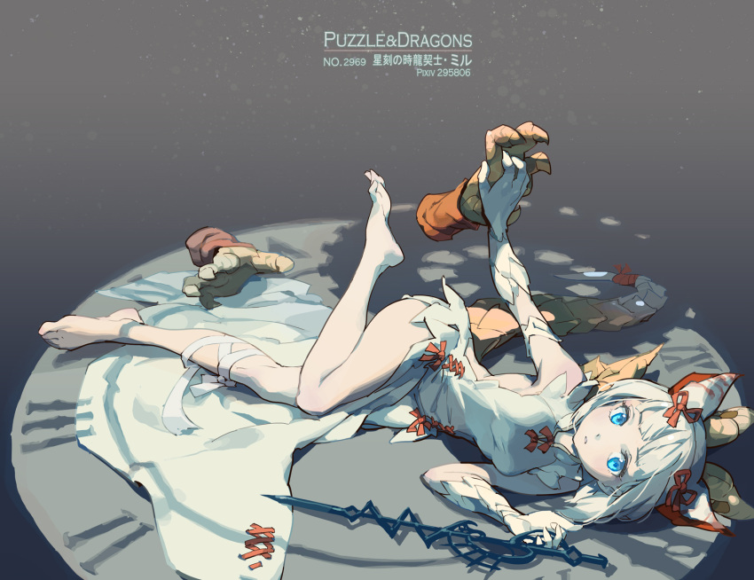 1girl bandage bare_legs bare_shoulders barefoot blonde_hair blue_eyes claws dragon_girl dragon_horns dragon_tail dragon_wings dress elbow_gloves gloves hair_ribbon highres horns looking_at_viewer lying myr_(p&amp;d) on_side puzzle_&amp;_dragons ribbon short_hair solo sword tail tennohi weapon white_dress white_gloves wings