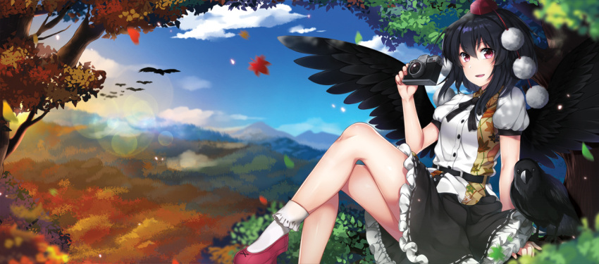 1girl :d animal arm_at_side arm_support bangs belt bird bird_wings black_hair black_ribbon black_skirt black_wings blurry blush breasts buttons camera clouds crow depth_of_field hair_between_eyes hat holding_camera in_tree leaf leaf_print lens_flare looking_at_viewer maple_leaf maru_(sw1tch) miniskirt motion_blur mountain neck_ribbon open_mouth outdoors pom_pom_(clothes) puffy_sleeves red_eyes red_shoes ribbon ribbon-trimmed_skirt shameimaru_aya shirt shoes short_sleeves sitting skirt sky small_breasts smile tokin_hat touhou tree white_ribbon white_shirt wings