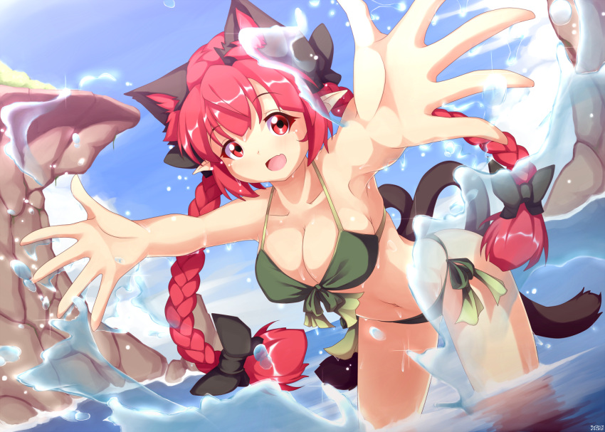 1girl animal_ears arms_up bare_arms bare_shoulders bikini black_bow bow braid breasts cat_ears cat_tail cleavage cliff collarbone foreshortening front-tie_bikini front-tie_top green_ribbon hair_bow horizon kaenbyou_rin leaning_forward long_hair medium_breasts multiple_tails navel nekomata ocean pointy_ears psychopath_idiot red_eyes redhead ribbon side-tie_bikini solo splashing stomach swimsuit tail touhou twin_braids two_tails very_long_hair wading