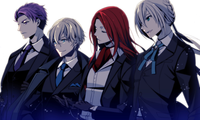 4boys bedivere blonde_hair fate/grand_order fate_(series) formal gawain_(fate/extra) gloves kana_(eisenadler) lancelot_(fate/grand_order) lancelot_(fate/stay_night) multiple_boys neck_ribbon necktie purple_hair redhead ribbon silver_hair suit tristan_(fate/grand_order)