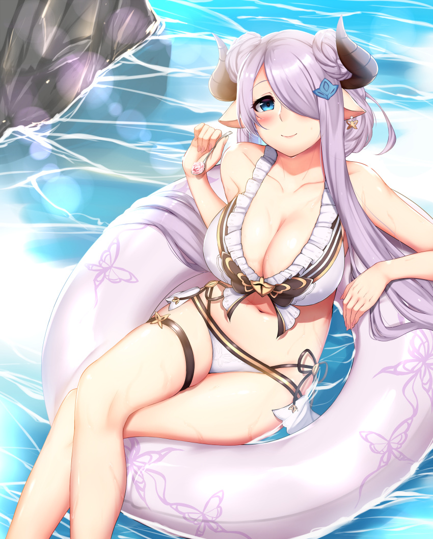 1girl absurdres bare_arms bikini blue_eyes braid breasts butterfly_earrings butterfly_print cleavage closed_mouth collarbone doraf eyelashes food frills from_above granblue_fantasy hair_ornament hair_over_one_eye highres holding holding_spoon horns innertube large_breasts lavender_hair legs_crossed lens_flare long_hair looking_at_viewer narumeia_(granblue_fantasy) navel one_eye_covered oogatazin pointy_ears purple_hair side-tie_bikini sitting smile solo stomach swimsuit thigh_strap water wet white_bikini