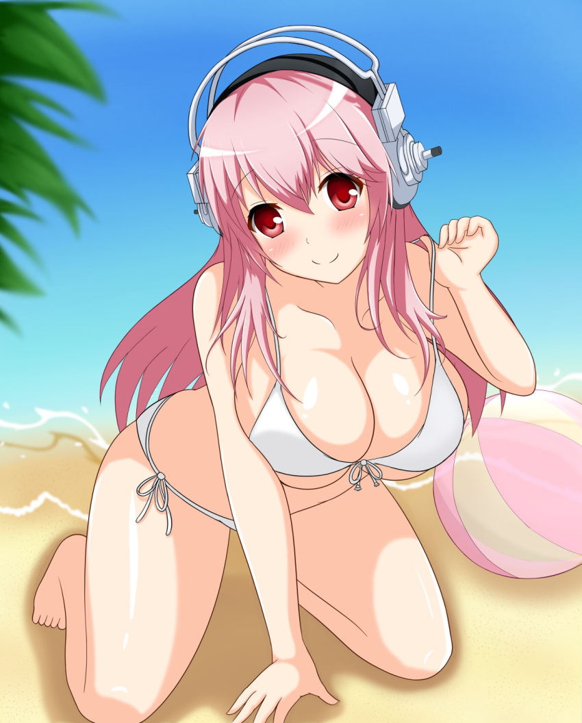 1girl ball beach beachball bikini blush breasts cleavage headphones highres large_breasts long_hair looking_at_viewer magibana9 navel nitroplus ocean open_mouth pink_hair red_eyes sand smile solo super_sonico swimsuit white_bikini