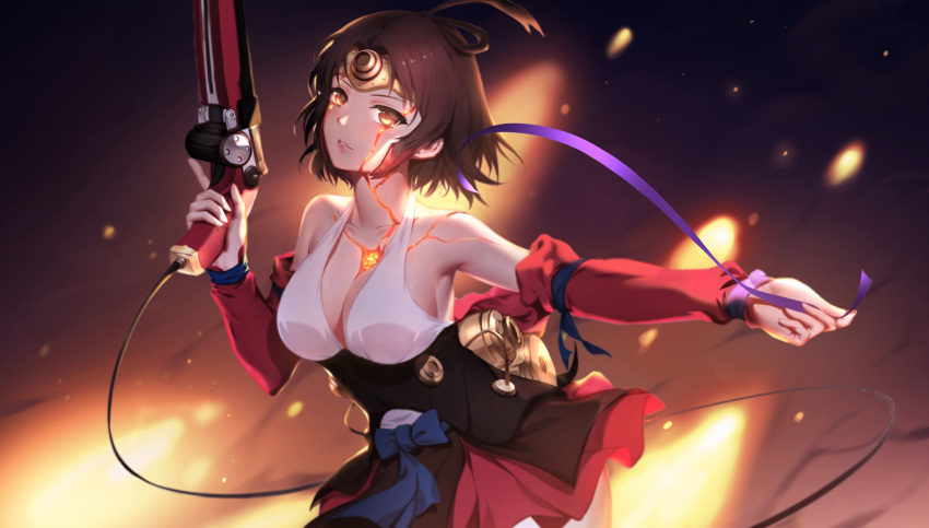 1girl bangs bare_shoulders blush breasts brown_eyes brown_hair cangkong choker cleavage commentary_request corset detached_sleeves gun hair_ribbon handgun headgear highres holding holding_weapon japanese_clothes kimono kimono_skirt koutetsujou_no_kabaneri large_breasts looking_at_viewer mumei_(kabaneri) parted_lips ribbon ribbon_choker short_hair skirt solo underbust weapon