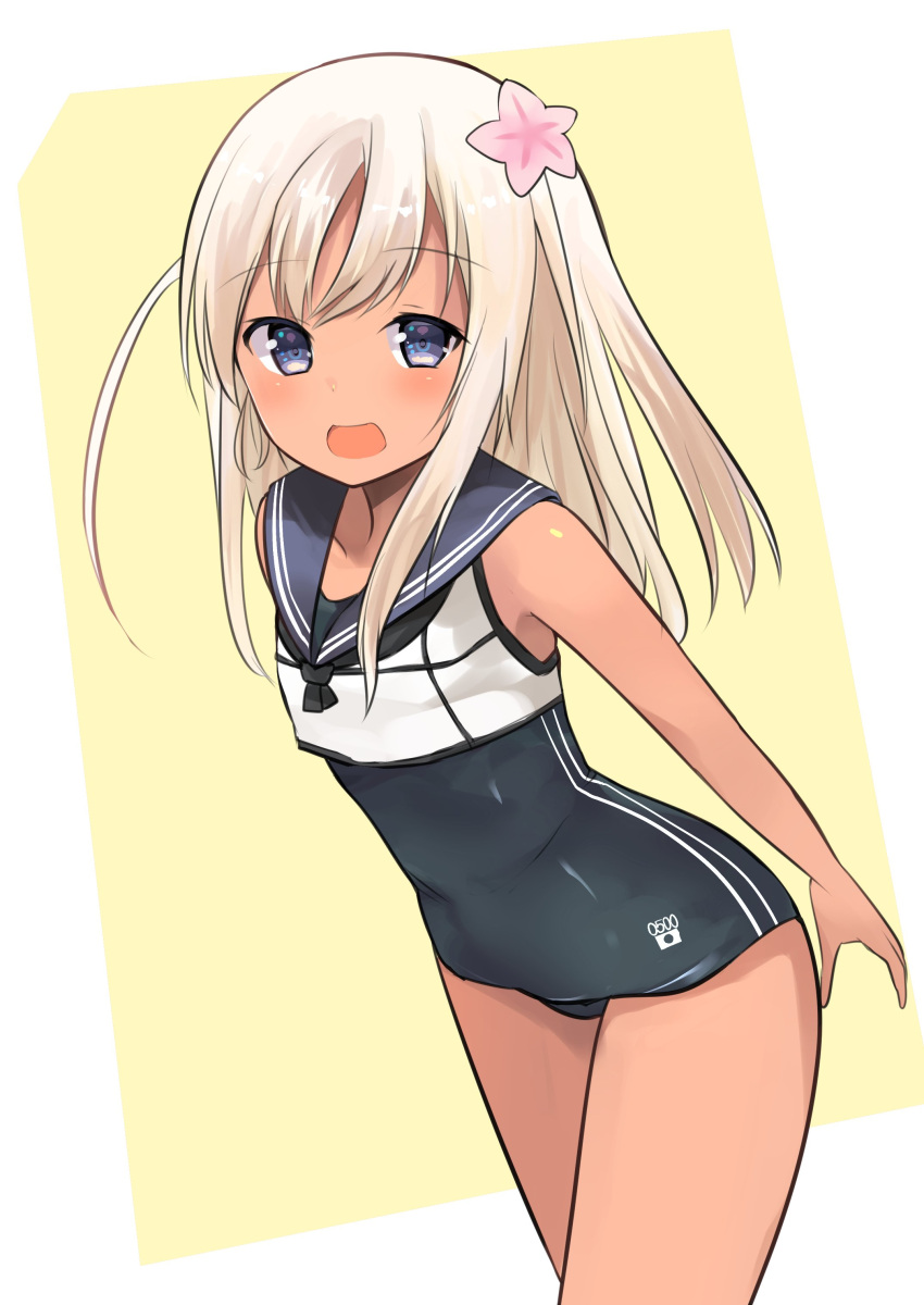 1girl absurdres blonde_hair blue_eyes crop_top flower hair_flower hair_ornament highres kantai_collection natsu_(sinker8c) one-piece_tan open_mouth ro-500_(kantai_collection) school_swimsuit standing swimsuit swimsuit_under_clothes tan tanline