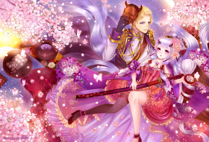 1boy 1girl absurdly_long_hair artist_name bad_anatomy beads black_gloves blonde_hair cherry_blossoms dress epaulettes floral_print flower food frills gloves hair_beads hair_flower hair_ornament hair_stick haruci high_heels horns jewelry katana long_hair mask mask_removed moon necklace original outdoors purple_cape red_dress red_eyes red_shoes sheath sheathed shoes sword very_long_hair violet_eyes watermark weapon web_address white_hair white_legwear