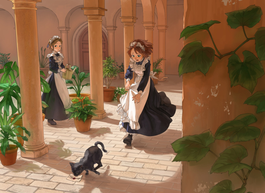 2girls apron black_dress black_shoes blue_eyes brown_hair cat column door dress frilled_apron frills holding letter long_sleeves maid maid_headdress mouth_hold multiple_girls open_mouth original outdoors parted_lips pillar plant potted_plant reaching_out running shoes silhouette standing watering_can yk_(tnkau)