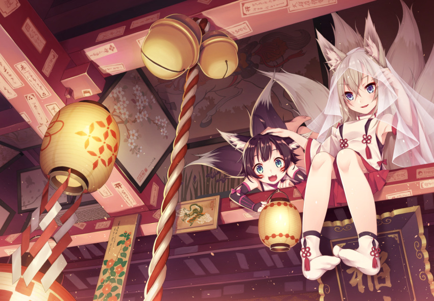 2girls :3 :d animal_ears armor bangs barefoot bell black_hair blue_eyes breasts ceiling detached_sleeves elbow_gloves eyebrows eyebrows_visible_through_hair facial_mark fine_art_parody fingerless_gloves fox_ears fox_girl fox_tail frame from_below gloves hair_between_eyes hair_tucking hakama_skirt hand_on_another's_head hand_up holding_lantern indoors japanese_armor japanese_clothes jingle_bell kimono kote lantern legs_up light_particles light_rays looking_at_viewer looking_down lying medium_breasts miniskirt multiple_girls multiple_tails nihonga no_shoes nontraditional_miko ofuda on_stomach open_mouth original painting_(object) paper_lantern parody parted_lips pigeon-toed rope school_uniform shide shinto short_hair shrine shrine_bell silver_hair sitting skirt sleeveless sleeveless_kimono smile tabi tail tassel ukiyo-e veil warabimochi_kinako white_legwear