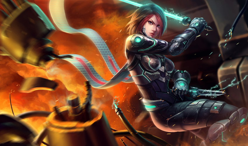 1girl armor dagger electricity energy_sword explosion fiora_laurent fire league_of_legends lightsaber lipstick makeup redhead shengxie short_hair smoke solo sparks sword violet_eyes weapon wire