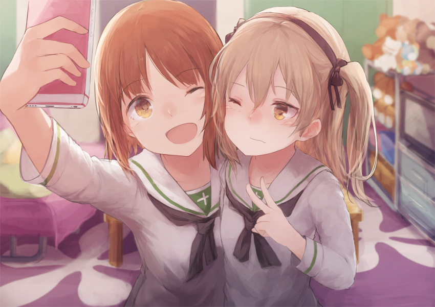 2girls ;d bed blonde_hair blurry blurry_background bow breasts cellphone commentary_request curtains depth_of_field girls_und_panzer hair_bow hairband holding indoors long_hair multiple_girls neckerchief nishizumi_miho one_eye_closed open_mouth orange_eyes orange_hair phone pillow roll_okashi room school_uniform self_shot serafuku shimada_arisu side-by-side small_breasts smartphone smile stuffed_animal stuffed_toy table teddy_bear two_side_up upper_body v