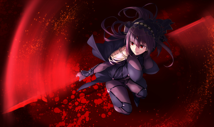 1girl blood blood_splatter bodysuit breasts fate/grand_order fate_(series) gae_bolg hinomoto_madoka large_breasts long_hair motion_blur motion_lines pauldrons polearm purple_hair red_eyes scathach_(fate/grand_order) solo spear veil weapon