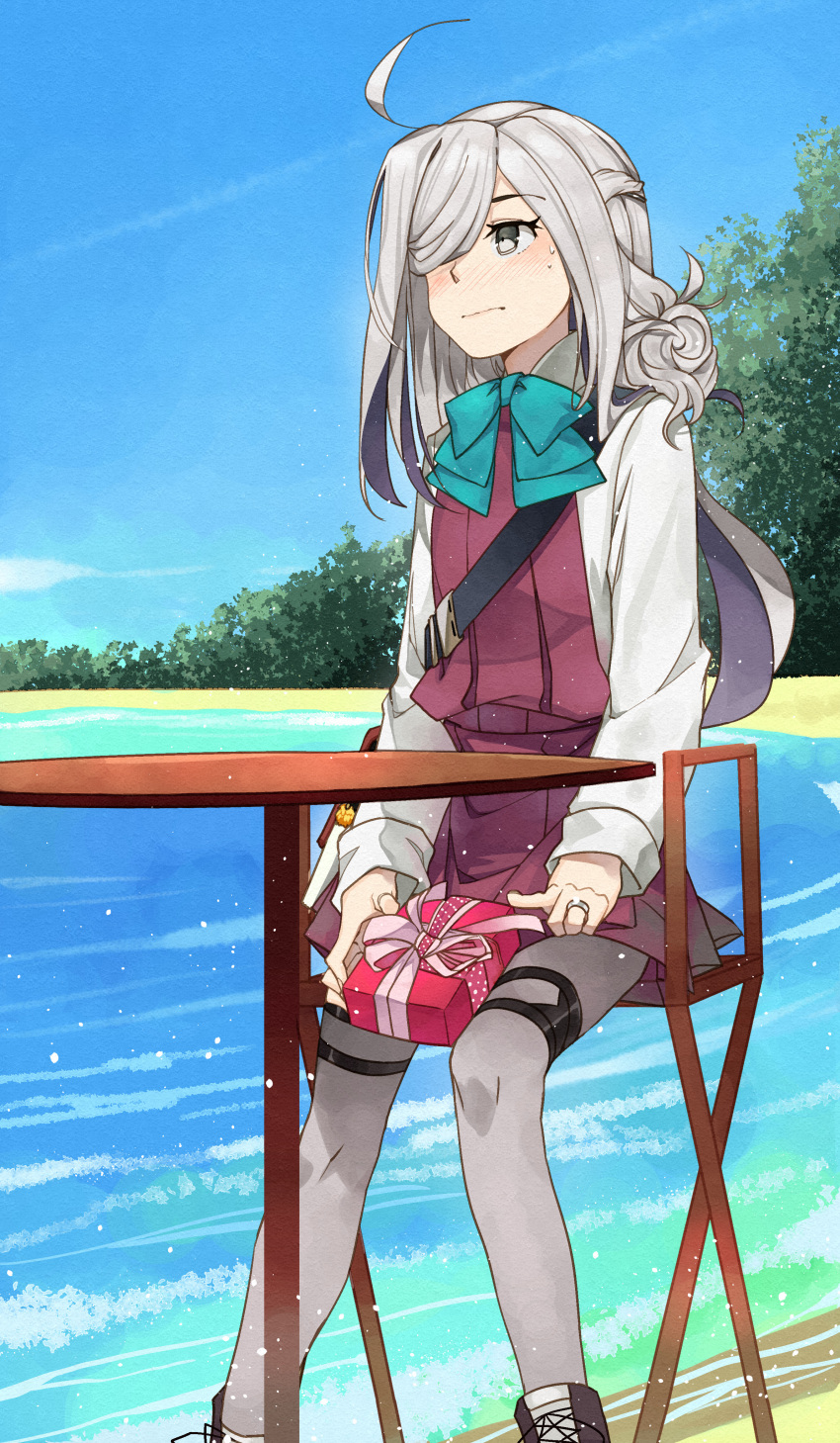 1girl absurdres ahoge alternate_hairstyle asashimo_(kantai_collection) blue_sky blush boots bow bowtie box chair cross-laced_footwear dress gift gift_box grey_eyes grey_hair grey_legwear hair_over_one_eye highres holding holding_gift jewelry kanmiya_shinobu kantai_collection lace-up_boots long_hair long_sleeves multicolored_hair outdoors pantyhose plant ring school_uniform shirt silver_hair sitting sky sleeveless sleeveless_dress solo table water wedding_band white_shirt