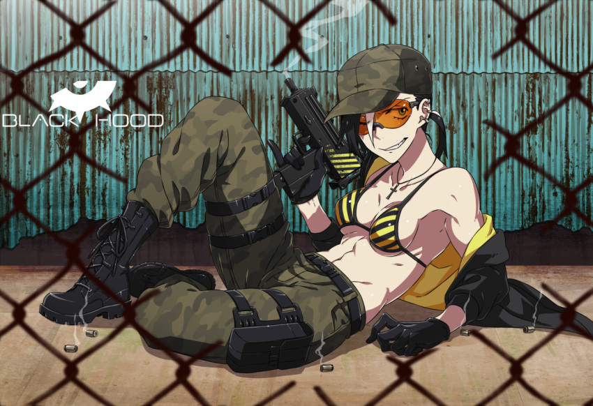 1girl abs belt bikini_top black_hood boots camouflage character_name combat_boots cross cross_necklace fence glasses gloves gun hat hazard_stripes holster jewelry kamezaemon leaning_back military_hat multicolored_hair necklace one_eye_closed original shell_casing smoke smoking_gun solo sunglasses toned two-tone_hair weapon