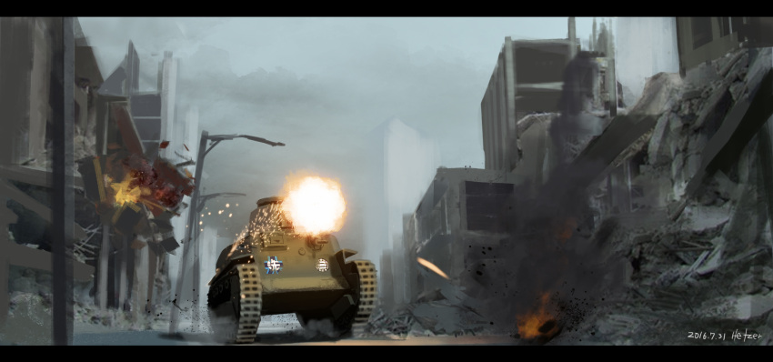 artist_name building dated destruction emblem explosion firing girls_und_panzer ground_vehicle hettsuaa highres letterboxed military military_vehicle motor_vehicle no_humans outdoors ruins signature tank type_89_i-gou volleyball war