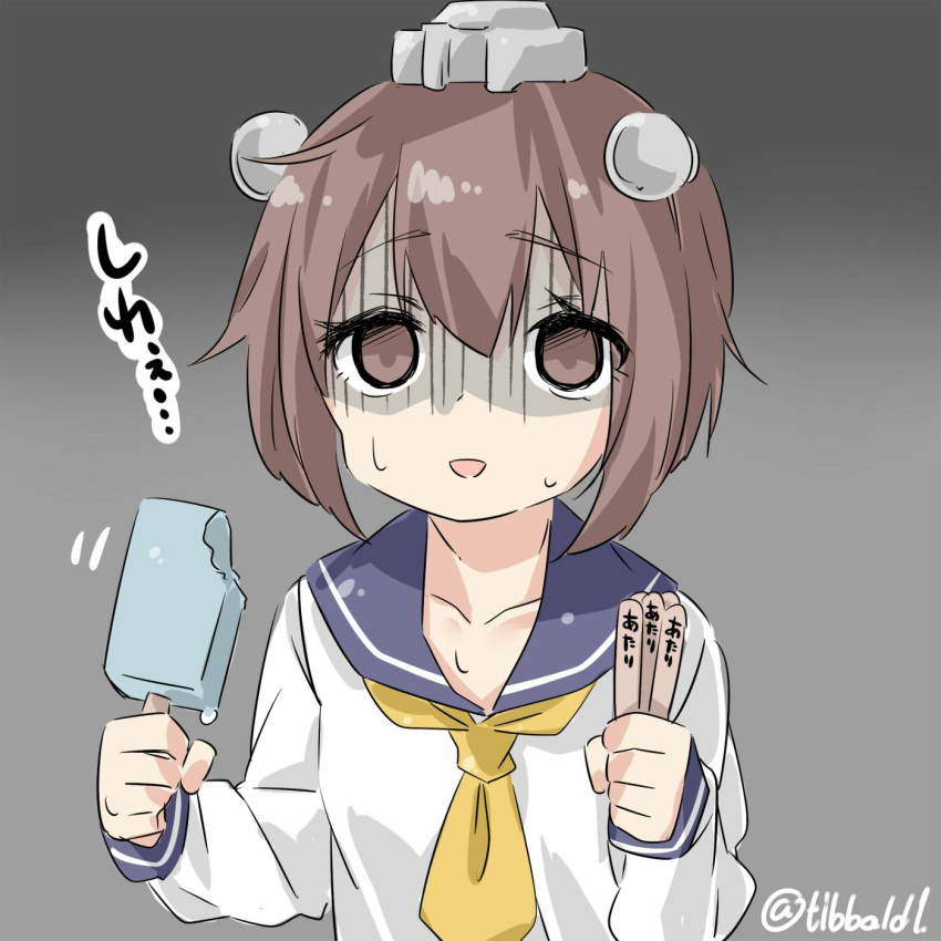 1girl bangs brown_eyes brown_hair collarbone dress ebifurya eyebrows eyebrows_visible_through_hair food gradient gradient_background highres holding kantai_collection long_sleeves looking_at_viewer motion_lines multicolored_background neckerchief open_mouth popsicle sailor_dress shaded_face short_hair solo sweat translation_request twitter_username two-tone_background upper_body yukikaze_(kantai_collection)