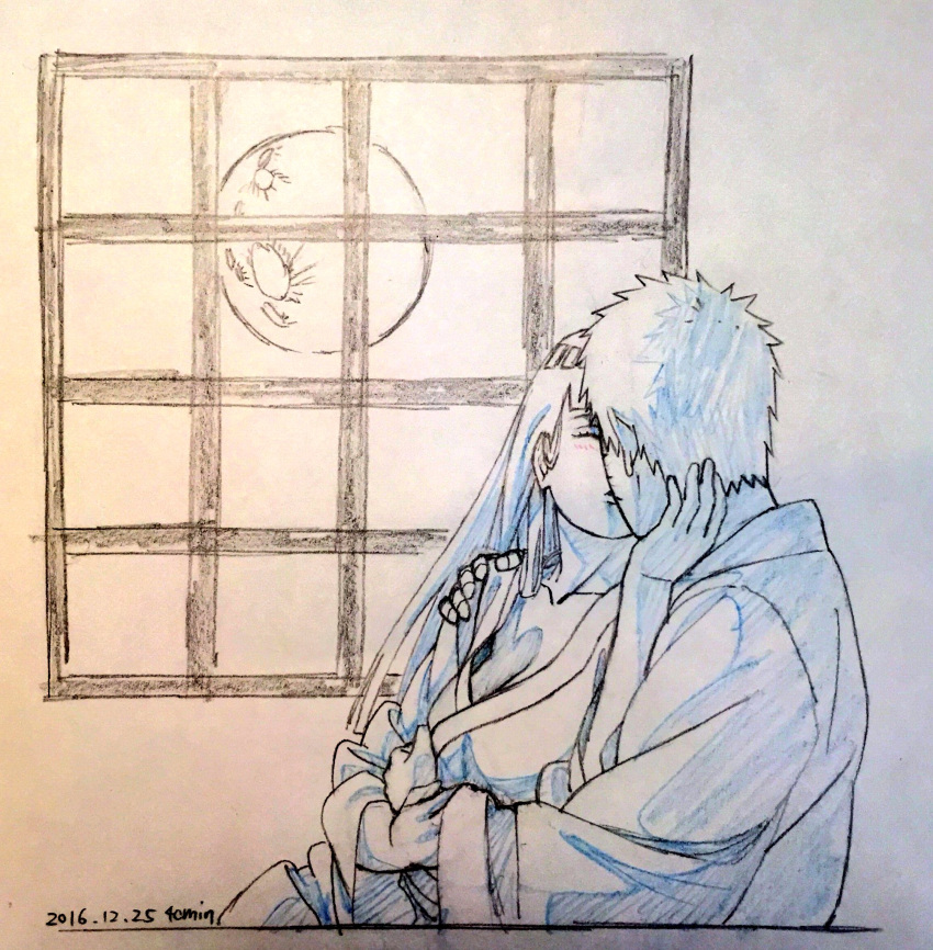 1boy 1girl 2016 blush breasts cleavage closed_eyes dated hand_on_another's_face highres hime_cut hyuuga_hinata japanese_clothes kimono kiss moon naruto sekibeing sketch spiky_hair traditional_media uzumaki_naruto whisker_markings whiskers window