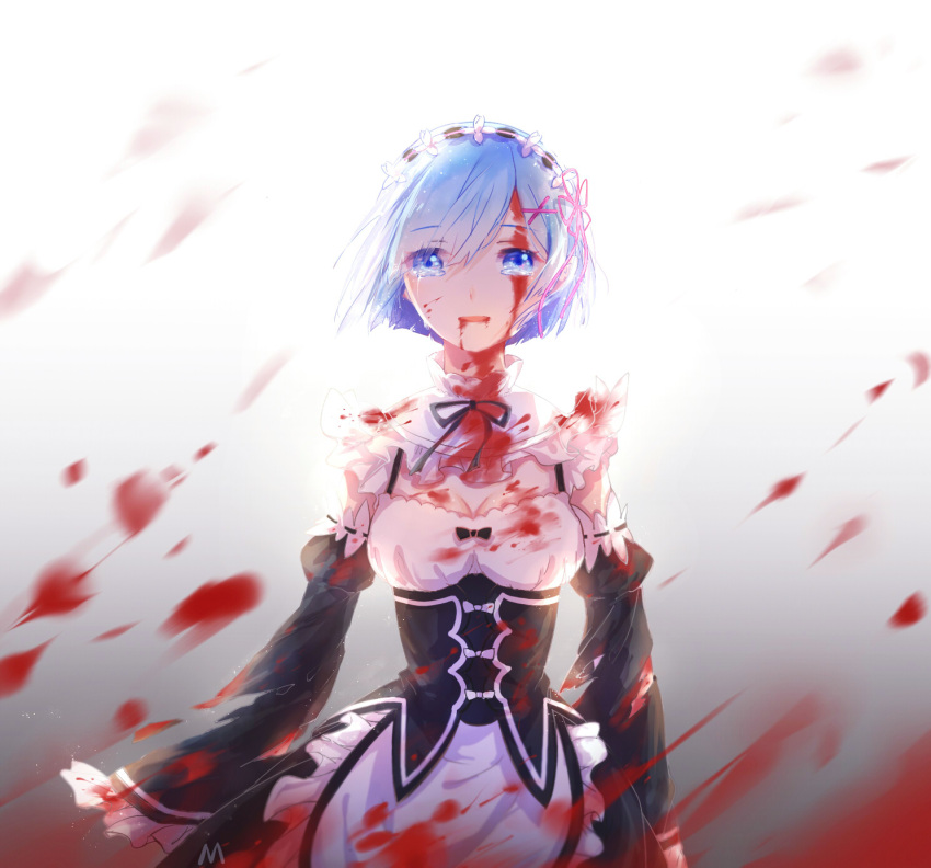 1girl apron bangs black_bow black_ribbon blood blood_from_mouth blood_on_face blood_splatter bloody_clothes blue_eyes blue_hair bow breasts catsir cleavage crying crying_with_eyes_open detached_sleeves eyebrows eyebrows_visible_through_hair frilled_apron frills gradient gradient_background grey_background hair_over_one_eye highres looking_at_viewer maid maid_apron maid_headdress medium_breasts open_mouth parted_bangs purple_ribbon re:zero_kara_hajimeru_isekai_seikatsu rem_(re:zero) ribbon short_hair solo tears text upper_body x_hair_ornament