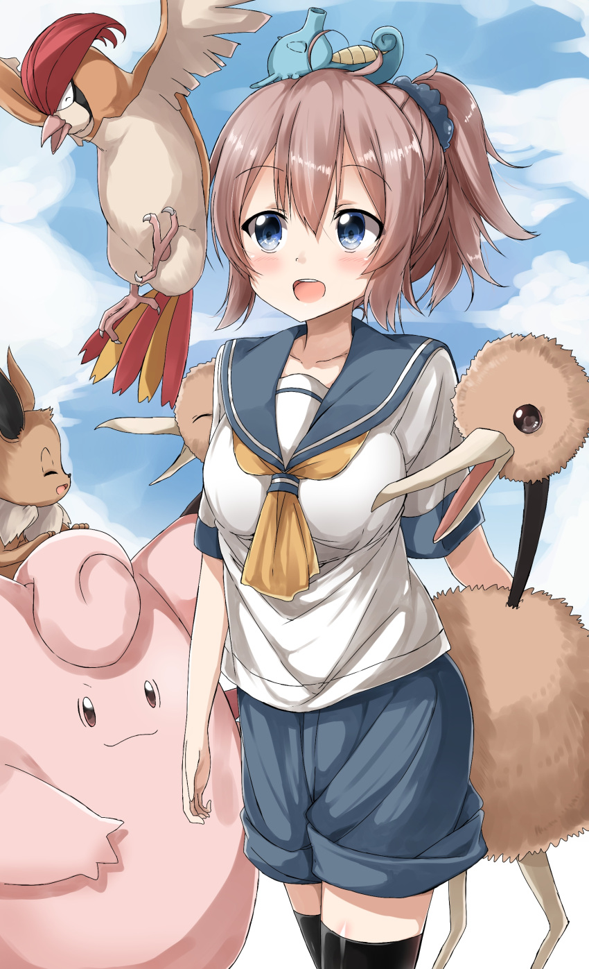 10s 1girl :3 absurdres animal animal_on_head aoba_(kantai_collection) black_legwear blue_eyes blue_scrunchie blue_shorts blue_sky blush breasts claws clefable closed_eyes clouds cloudy_sky doduo eevee hair_between_eyes highres horsea kantai_collection medium_breasts messy_hair neckerchief open_mouth pentagon_(railgun_ky1206) pidgeotto pink_hair pokemon pokemon_(creature) pokemon_go ponytail school_uniform scrunchie serafuku short_sleeves shorts sky smile thigh-highs