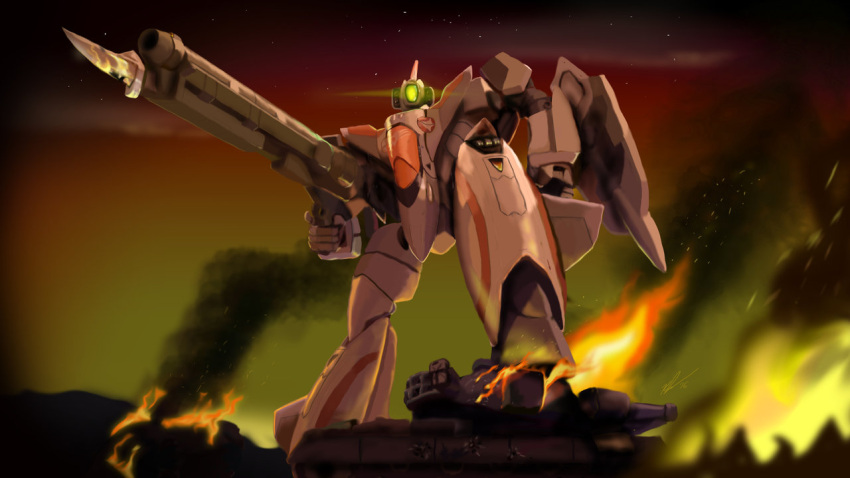 2016 90s bayonet burning damaged dusk falconkpd fire glowing ground_vehicle gunpod insignia macross macross_plus macross_vf-x macross_vf-x2 mecha military military_vehicle motor_vehicle realistic reflection ruins science_fiction shield signature smoke star_(sky) tank u.n._spacy variable_fighter vf-11 wreckage