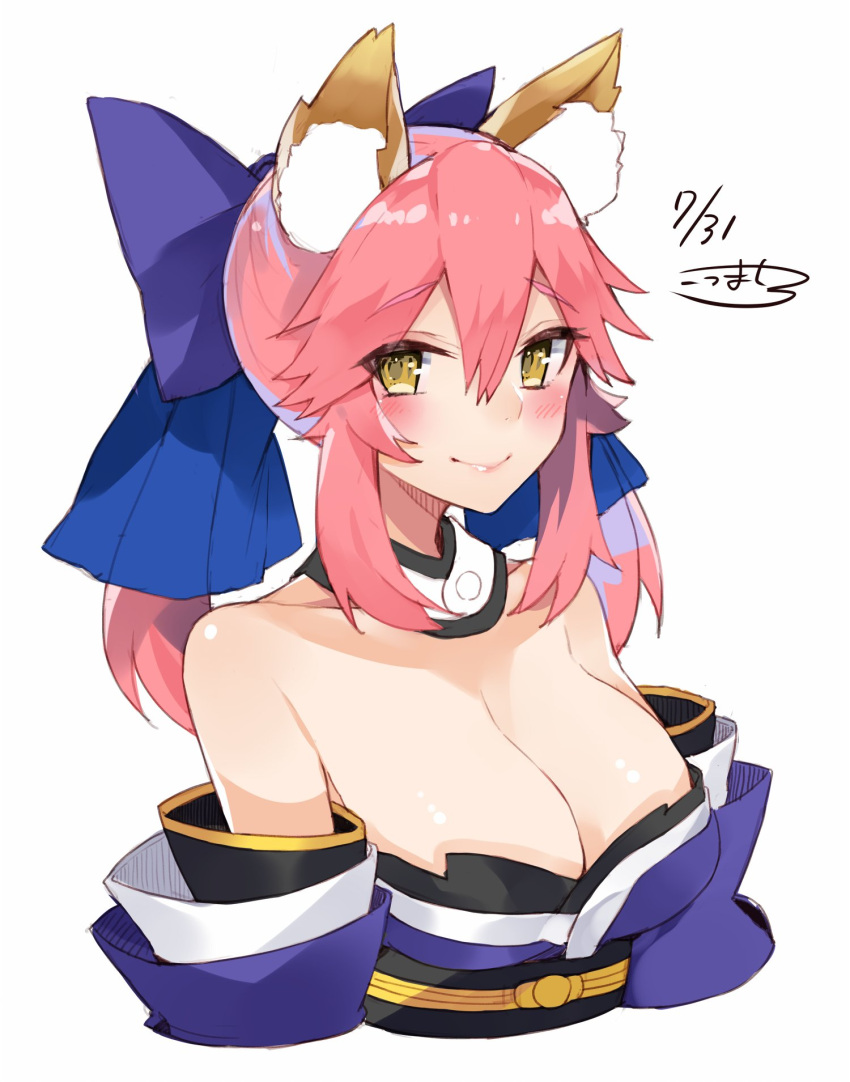1girl animal_ears bad_id bad_twitter_id bare_shoulders blush bow breasts brown_eyes cleavage collarbone commentary_request dated detached_sleeves fate/extra fate/grand_order fate_(series) fox_ears fox_tail hair_bow hair_ribbon highres japanese_clothes kou_mashiro large_breasts long_hair looking_at_viewer pink_hair ribbon signature simple_background smile solo tail tamamo_(fate)_(all) tamamo_no_mae_(fate) twintails white_background yellow_eyes