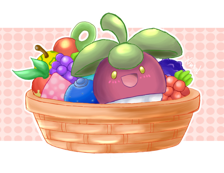 10s basket berries blush bounsweet cheri_berry food highres leaf no_humans open_mouth oran_berry pecha_berry pokefood pokemon pokemon_(creature) pokemon_(game) pokemon_sm smile solo ximsol182 yellow_eyes