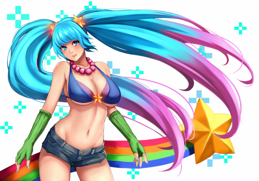 1girl arcade_sona bare_shoulders bikini_top blue_bikini blue_eyes blue_hair breasts elbow_gloves female gloves green_gloves head_tilt league_of_legends long_hair long_twintails looking_at_viewer midriff mound_of_venus multicolored_hair nail_polish navel necklace pants purple_hair shorts simple_background solo standing star swimsuit twintails white_background yashichii